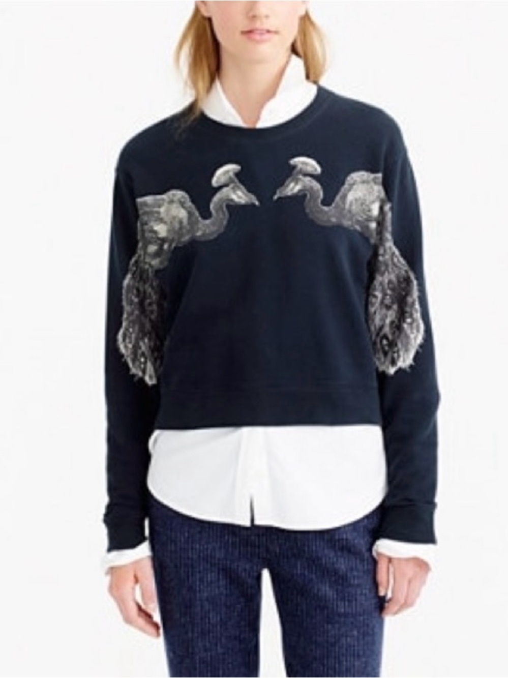 J. Crew Navy Crewneck Sweatshirt with Cream Peacock Motif